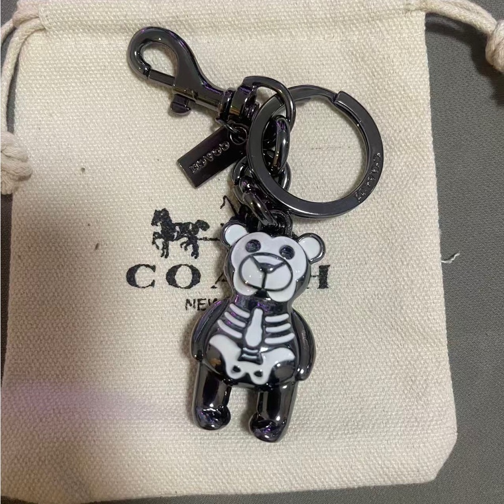 Coach Black and White Teddy Bear Skeleton Keychain Charm